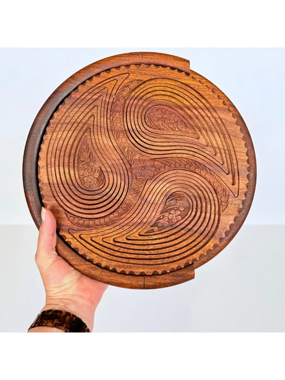 Whimsical Cottagecore Wooden Paisley Collapsible Trivet Fruit & Nut Basket Bowl